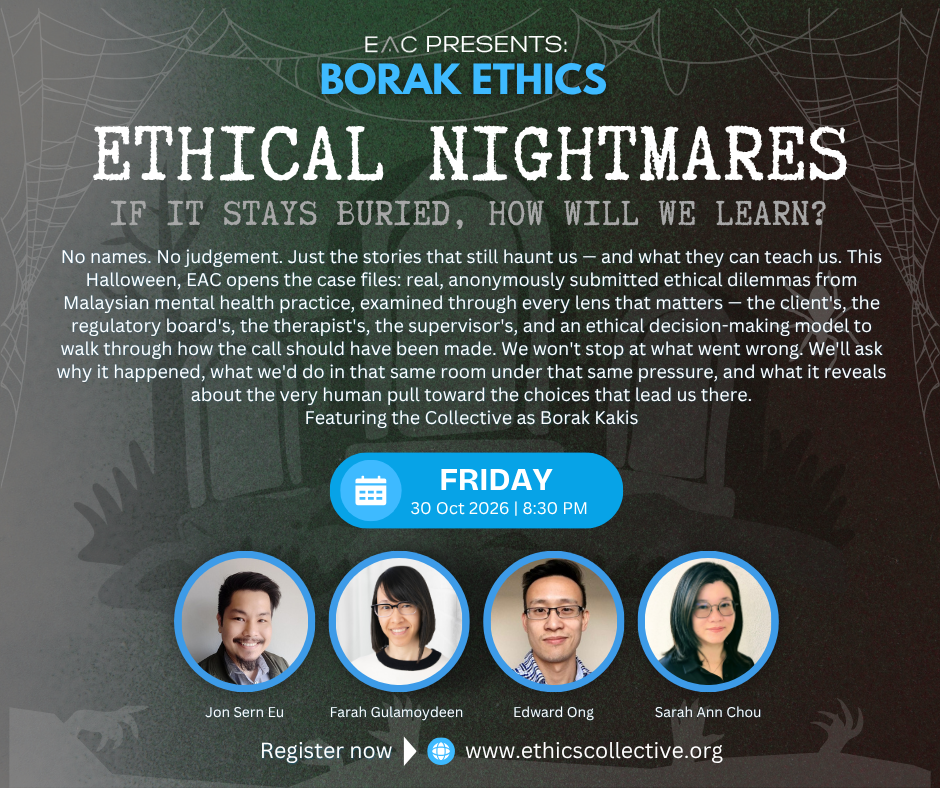Borak Ethics: Ethical Nightmares poster - Friday 30 Oct 2026, 8:30 PM, live on Zoom